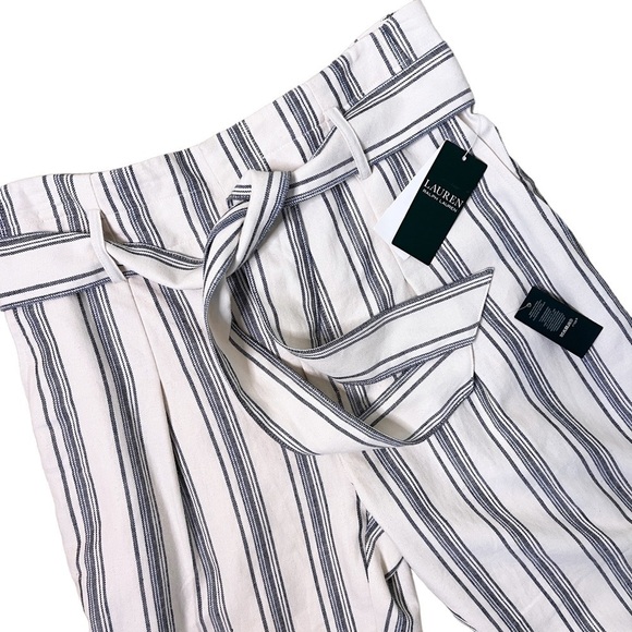 LAUREN RALPH LAUREN NWT Linen Blend Tie High Waist Pants Size 4 in Blue Stripe - Picture 4 of 15